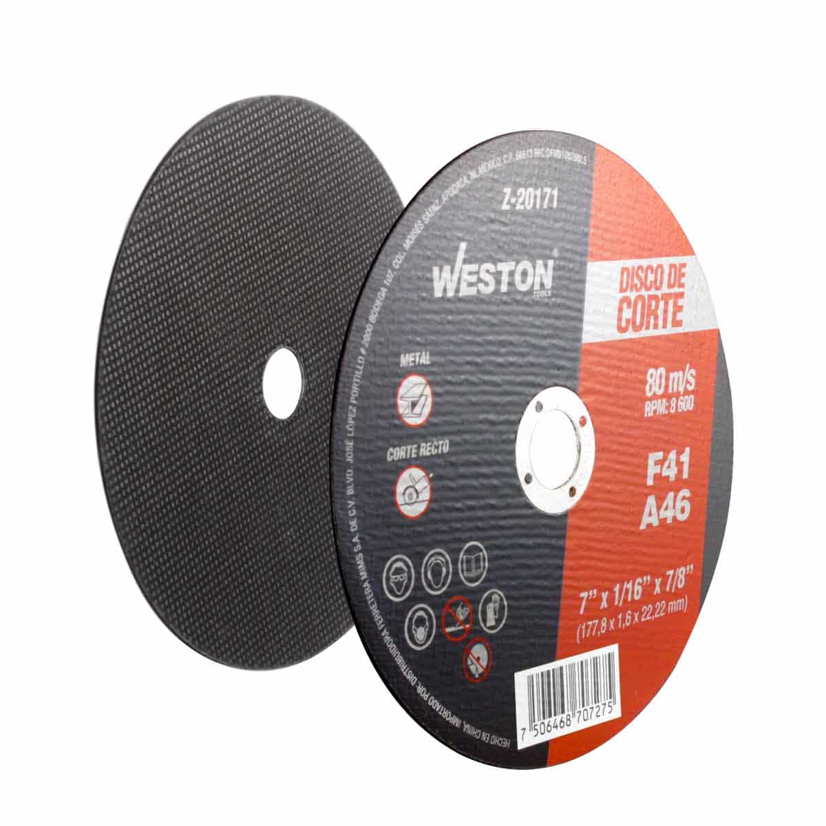 disco de corte de 1/16" con un barreno de 7/8" y tamaño de disco de 7", para metal marca weston