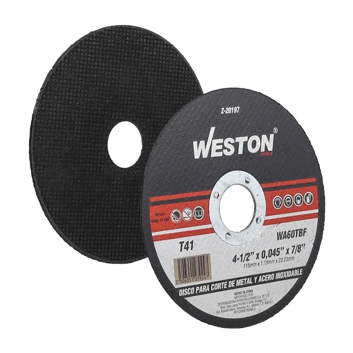 Disco de corte de 4-1/2" para meta e inoxidable con barreno estándar de 7/8" marca Weston