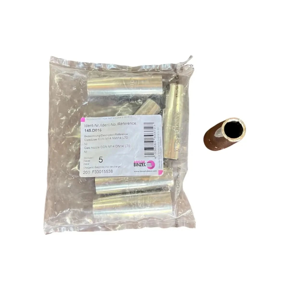 Se muestra una paquete de tobera de gas de 9/16" roscada codigo 145.D016 para la ALFA 2 antorcha MIG marca Abicor Binzel