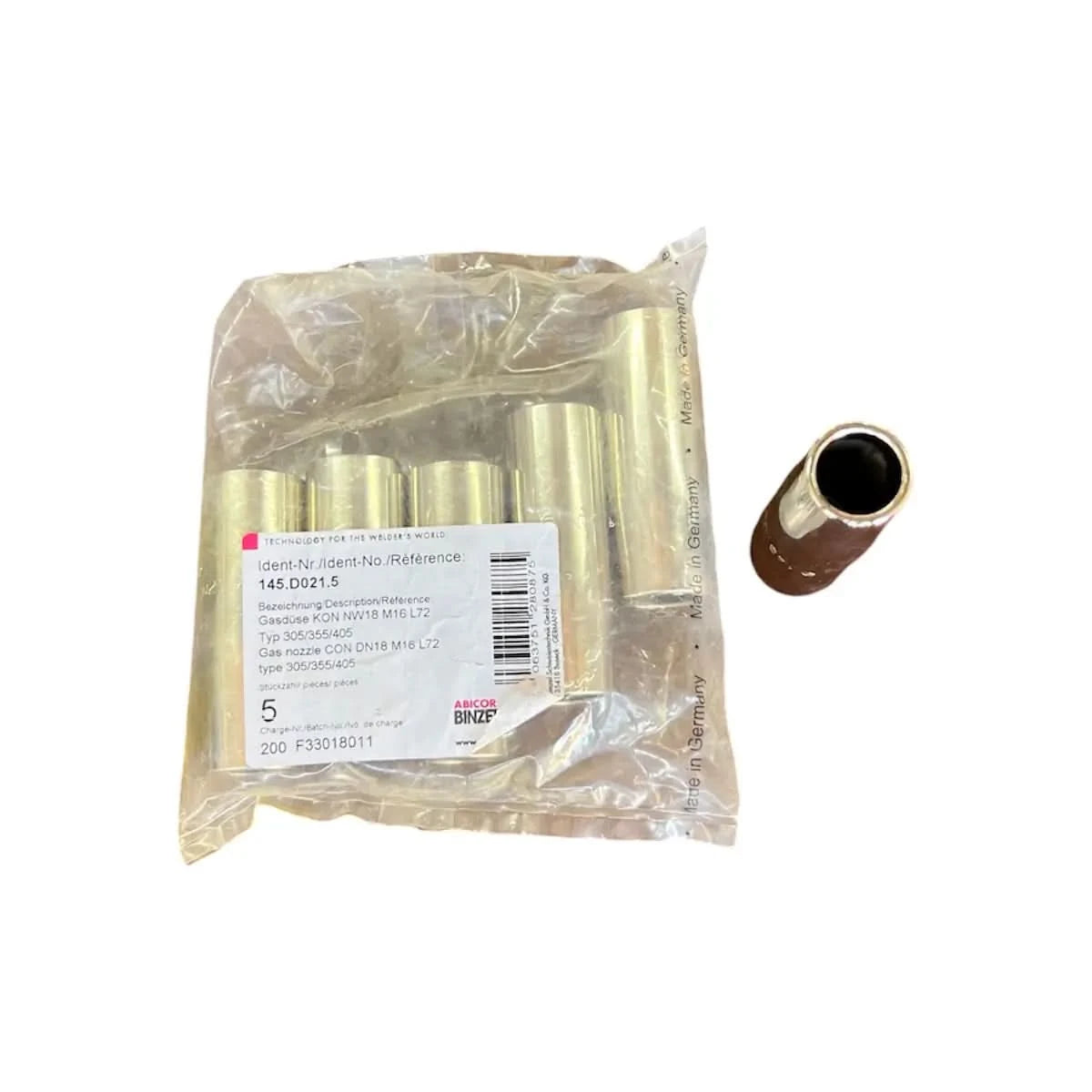 Se muestra una paquete de tobera de gas de 18mm roscada codigo 145.D021.5 para la ALFA 3 antocha MIG marca Abicor Binzel