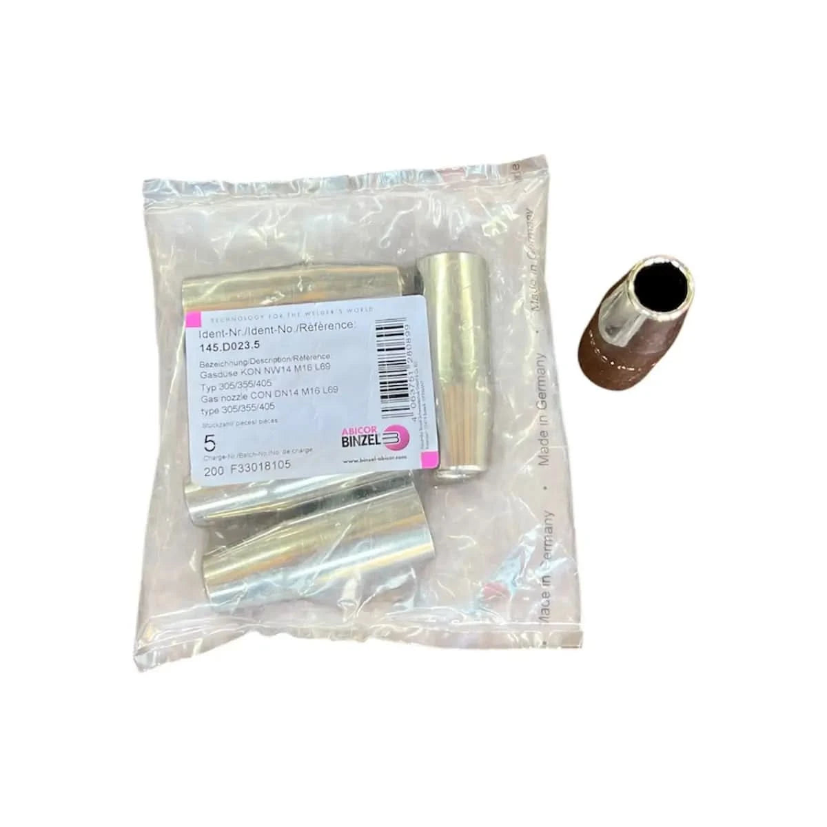 Se muestra una paquete de tobera de gas de 9/16" roscada codigo 145.D023.5 para la ALFA 3 antocha MIG marca Abicor Binzel