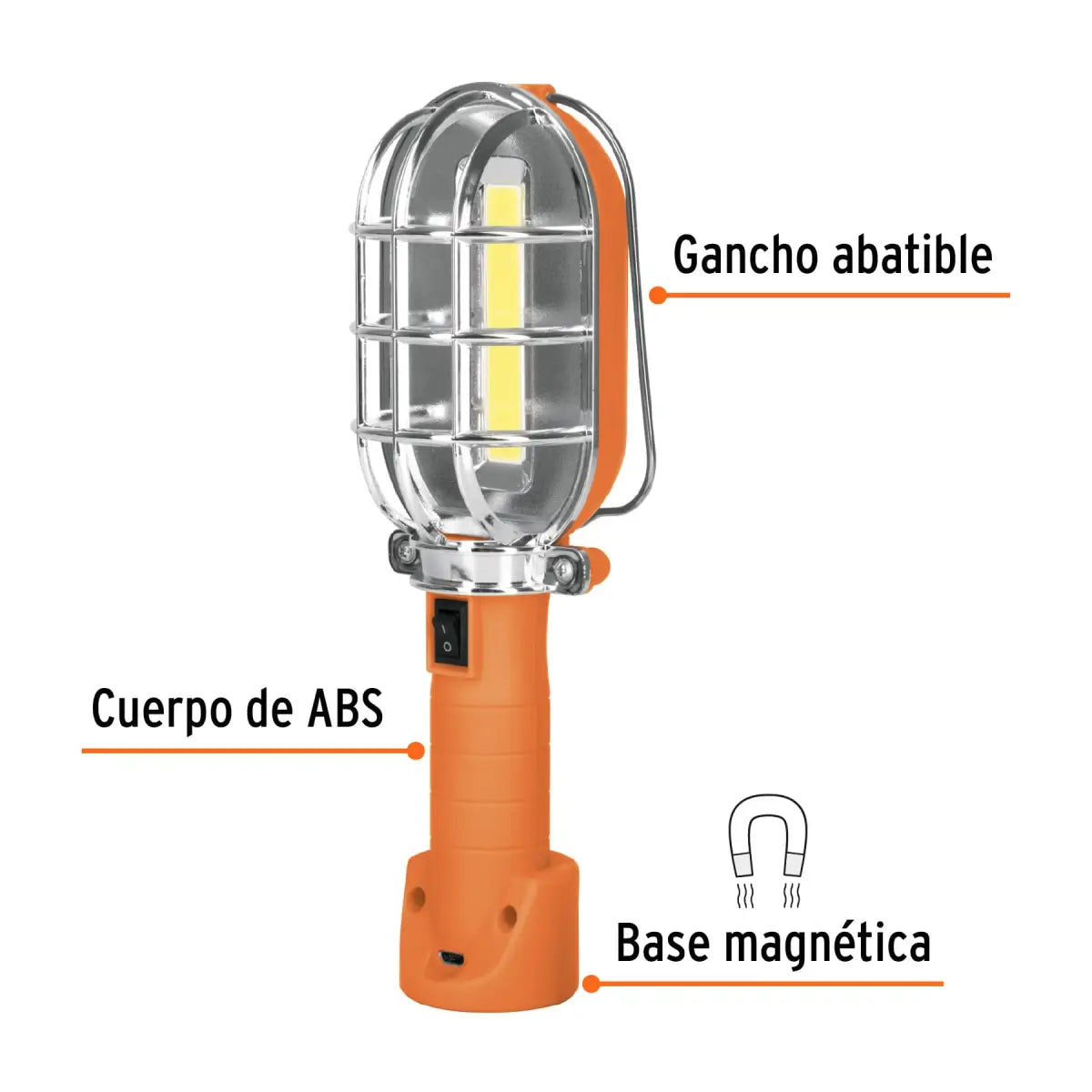 Lampara led con extensión y para colgar con gancho abatible y un cuerpo de ABS y una base magnética truper